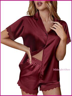 Lace Trim Satin Pajama Set with Button Down Top and Pockets